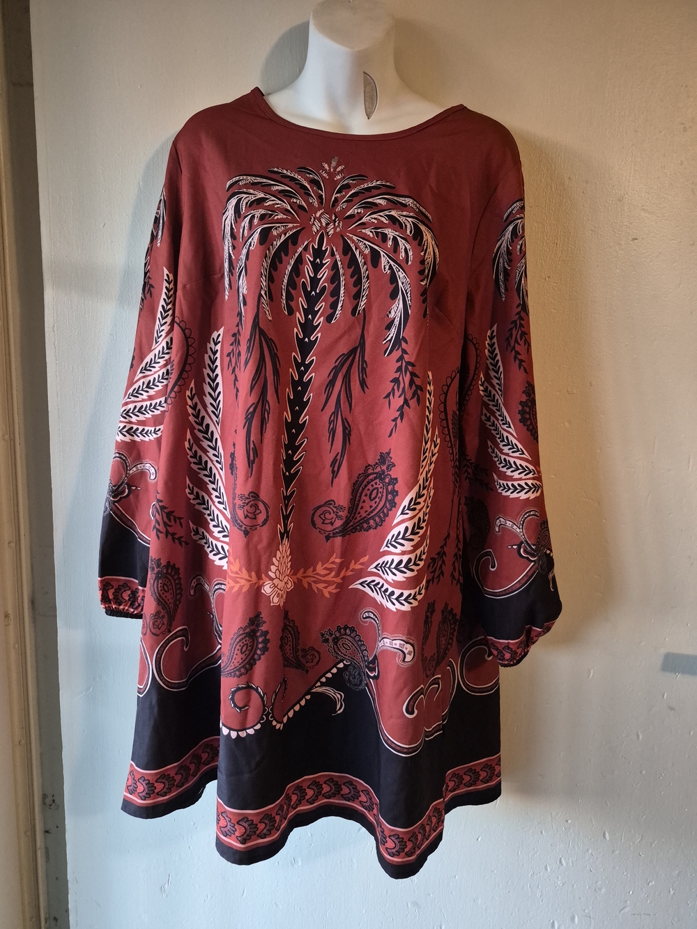 SHEIN Rust Palm Print Long Sleeve Tunic Dress
